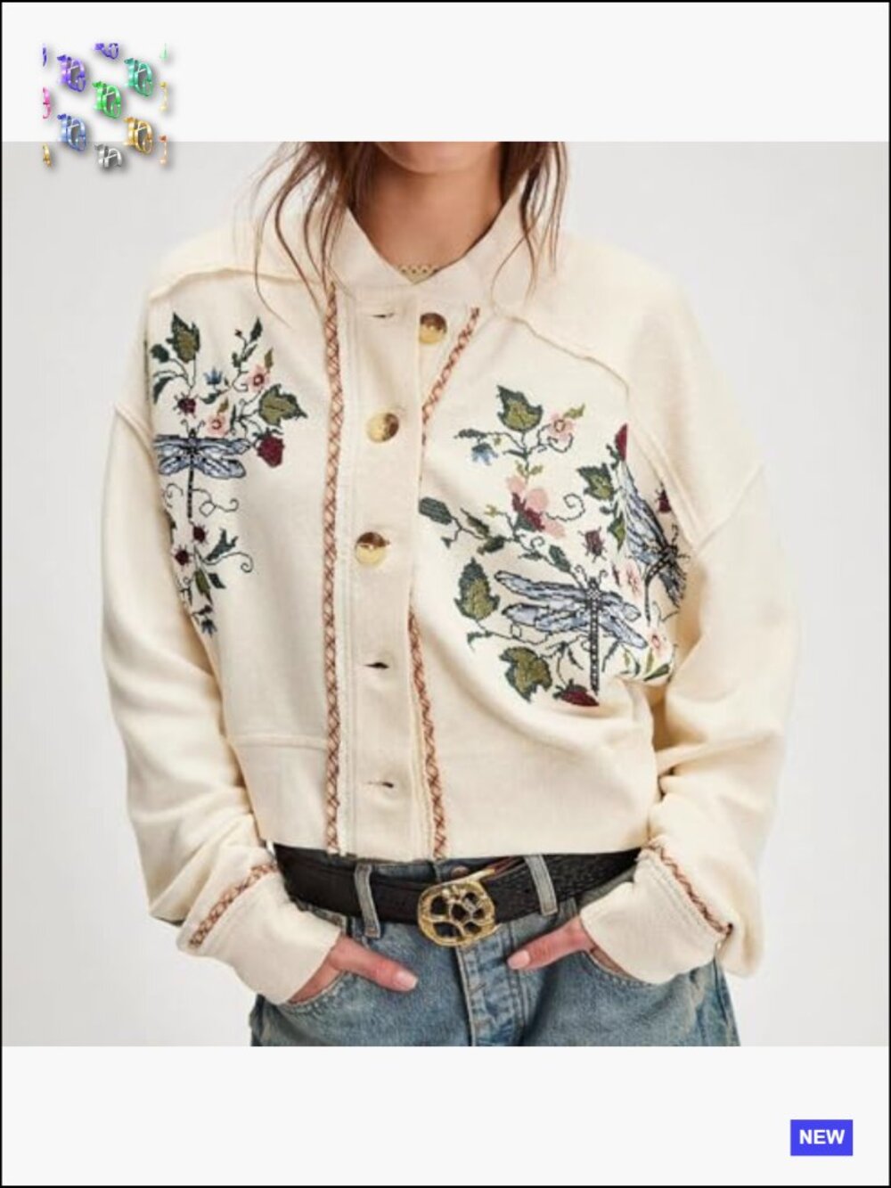 Women Chunky Knit Cardigan Embroidered Button Down Crop Sweatshirt Jacket Fall - Picture 3 of 5